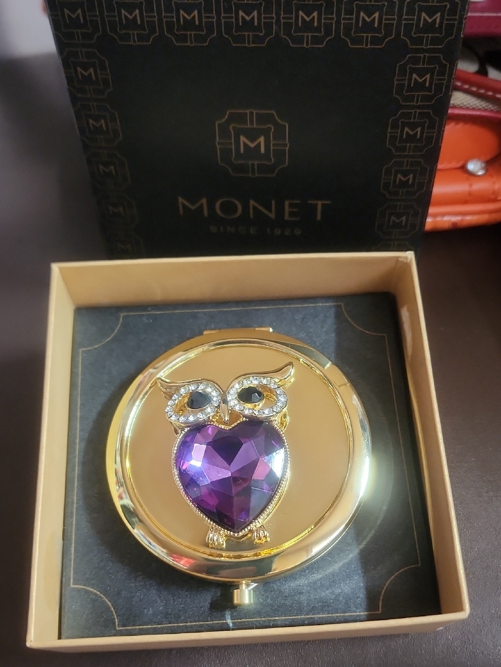 Monet Gold Compact with Purple Heart Owl Crystal Like New W/ Box